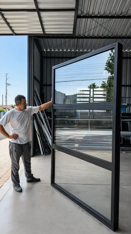 Porta de alumínio preto com vidro, montada e conferida na fábrica em Taquara–RS