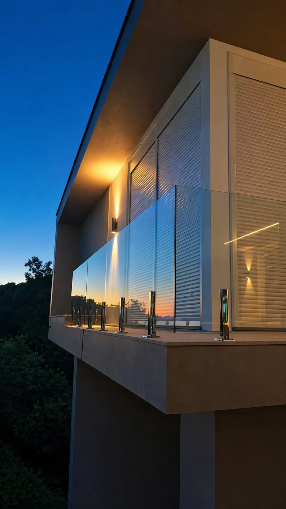 Guarda-corpo em vidro em sacada, refletindo o pôr do sol