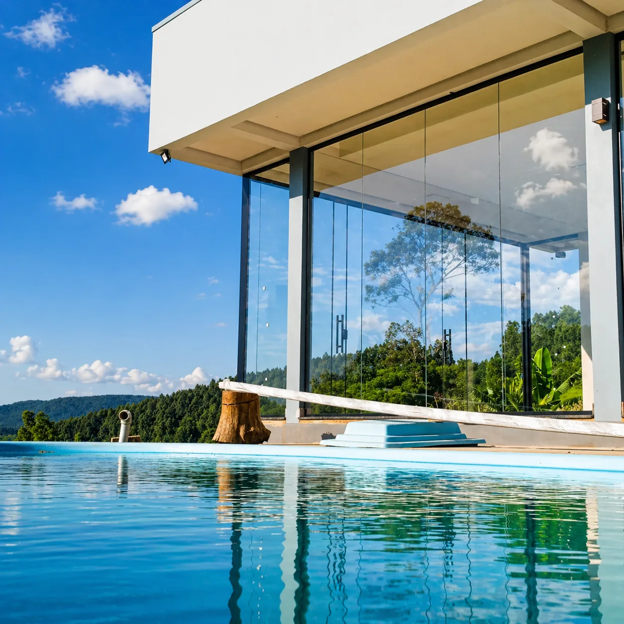 Fechamento em vidro temperado de área de piscina, com vista para o vale